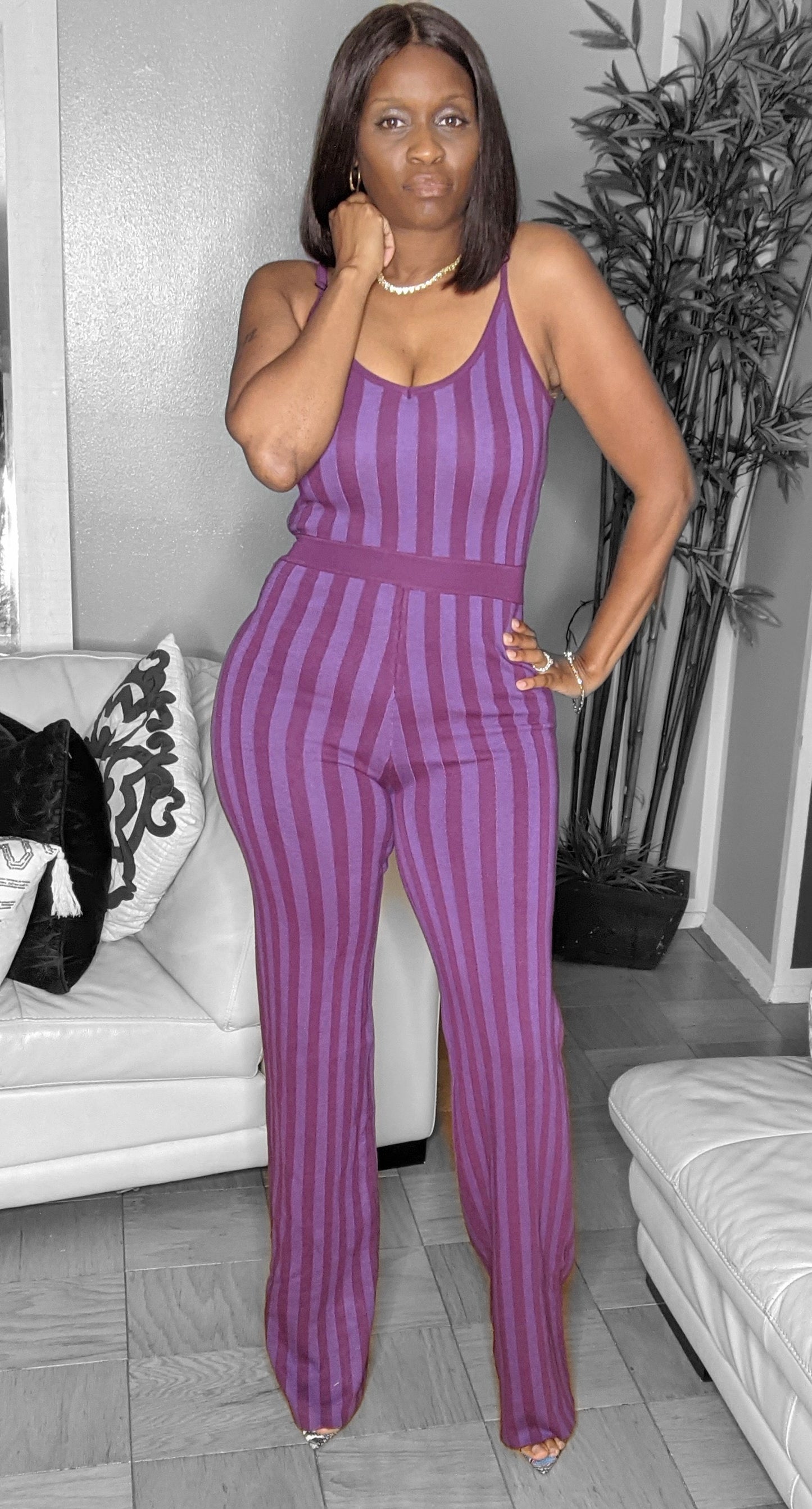 Plum Knit Striped Sleeveless Jumpsuit
