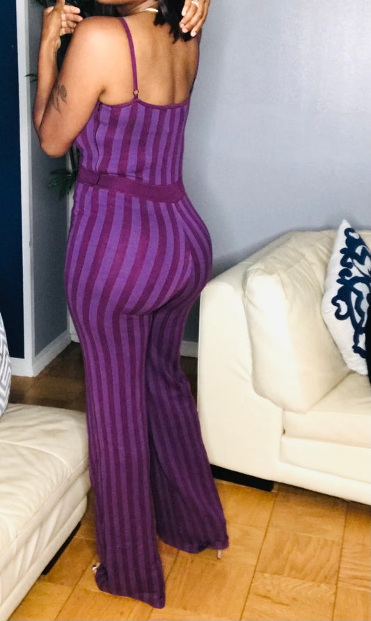 Plum Knit Striped Sleeveless Jumpsuit